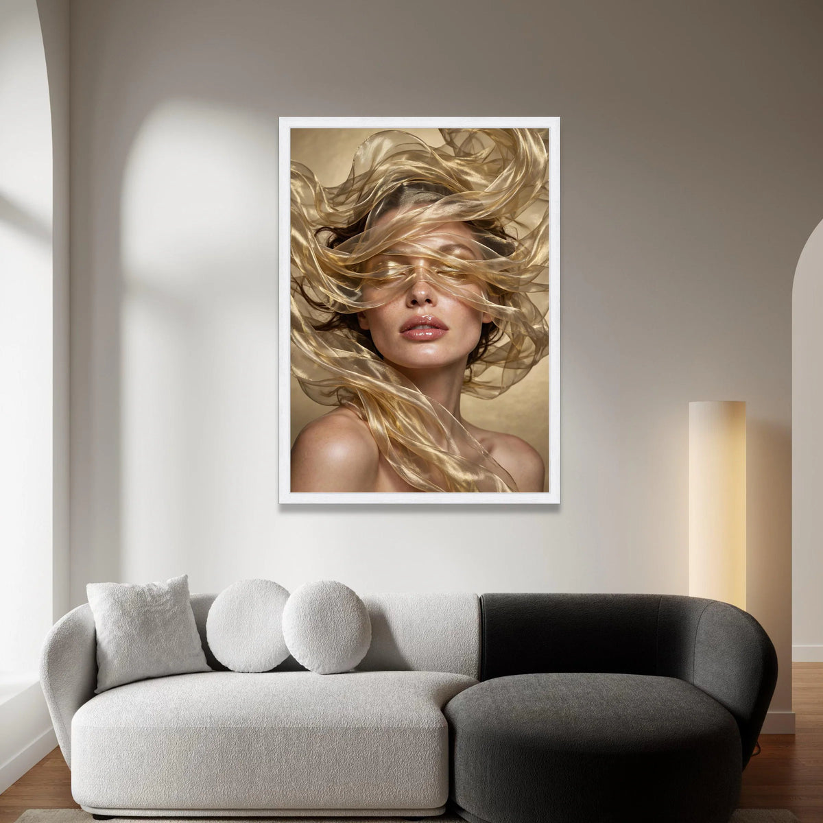 Ethereal Woman Portrait Canvas Wall Art, Flowing Sheer Fabric, Glamour Beauty Face Canvas, Modern Home Decoration, Elegant Canvas Print Art