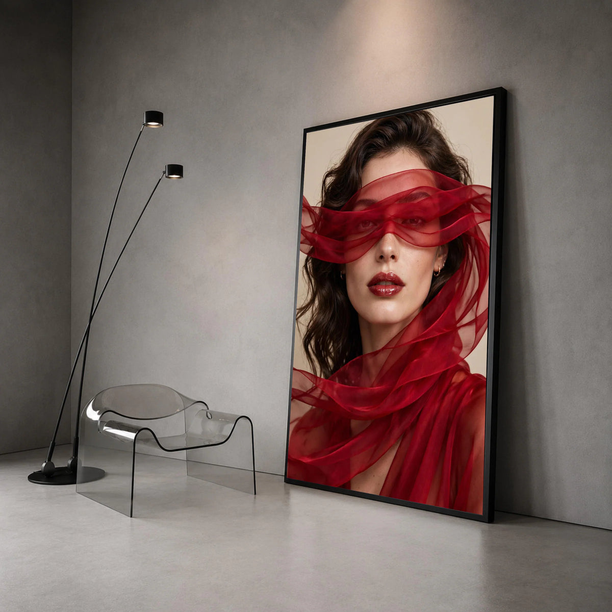 Elegant Woman Portrait with Red Sheer Scarf, Fashion Canvas Wall Art, Glamorous Beauty Print, Modern Home Decoration, Canvas Print Art
