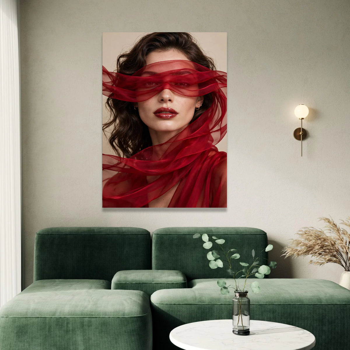 Elegant Woman Portrait with Red Sheer Scarf, Fashion Canvas Wall Art, Glamorous Beauty Print, Modern Home Decoration, Canvas Print Art