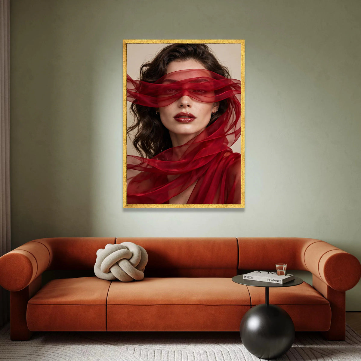 Elegant Woman Portrait with Red Sheer Scarf, Fashion Canvas Wall Art, Glamorous Beauty Print, Modern Home Decoration, Canvas Print Art
