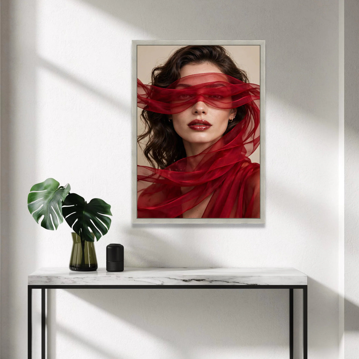 Elegant Woman Portrait with Red Sheer Scarf, Fashion Canvas Wall Art, Glamorous Beauty Print, Modern Home Decoration, Canvas Print Art