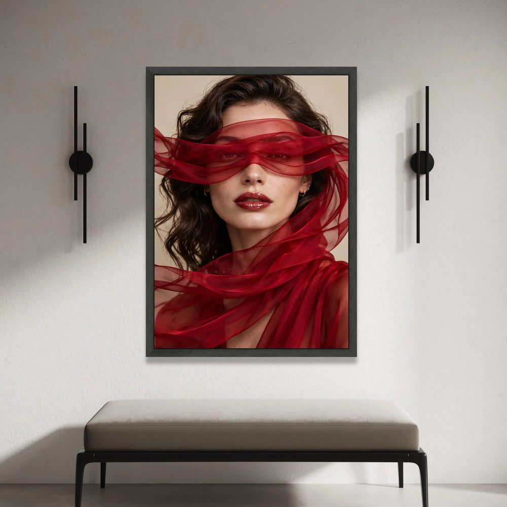 Elegant Woman Portrait with Red Sheer Scarf, Fashion Canvas Wall Art, Glamorous Beauty Print, Modern Home Decoration, Canvas Print Art
