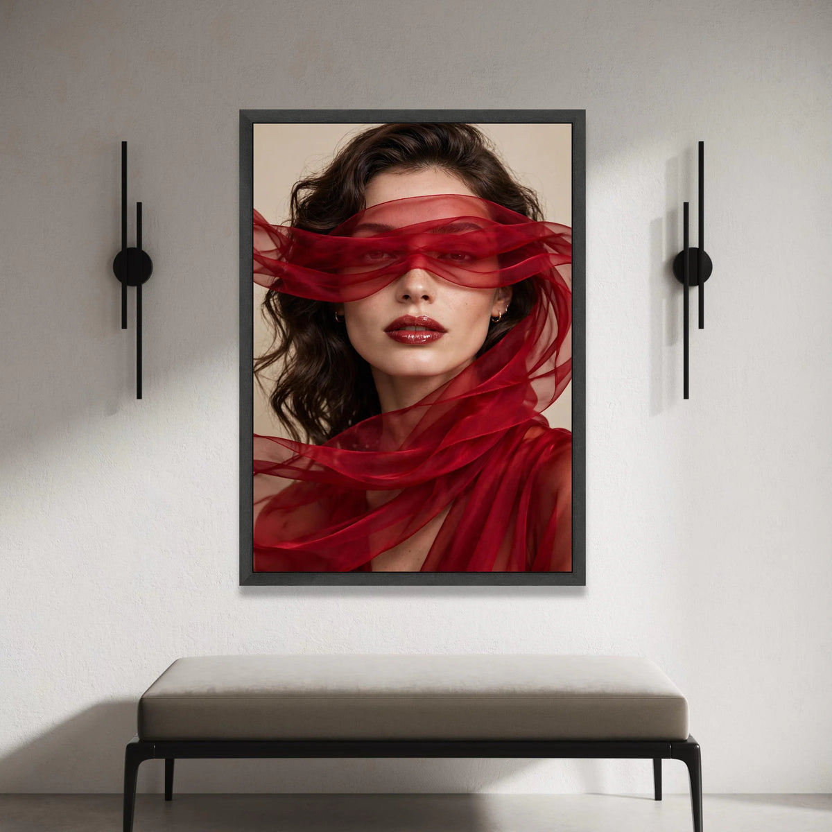 Elegant Woman Portrait with Red Sheer Scarf, Fashion Canvas Wall Art, Glamorous Beauty Print, Modern Home Decoration, Canvas Print Art