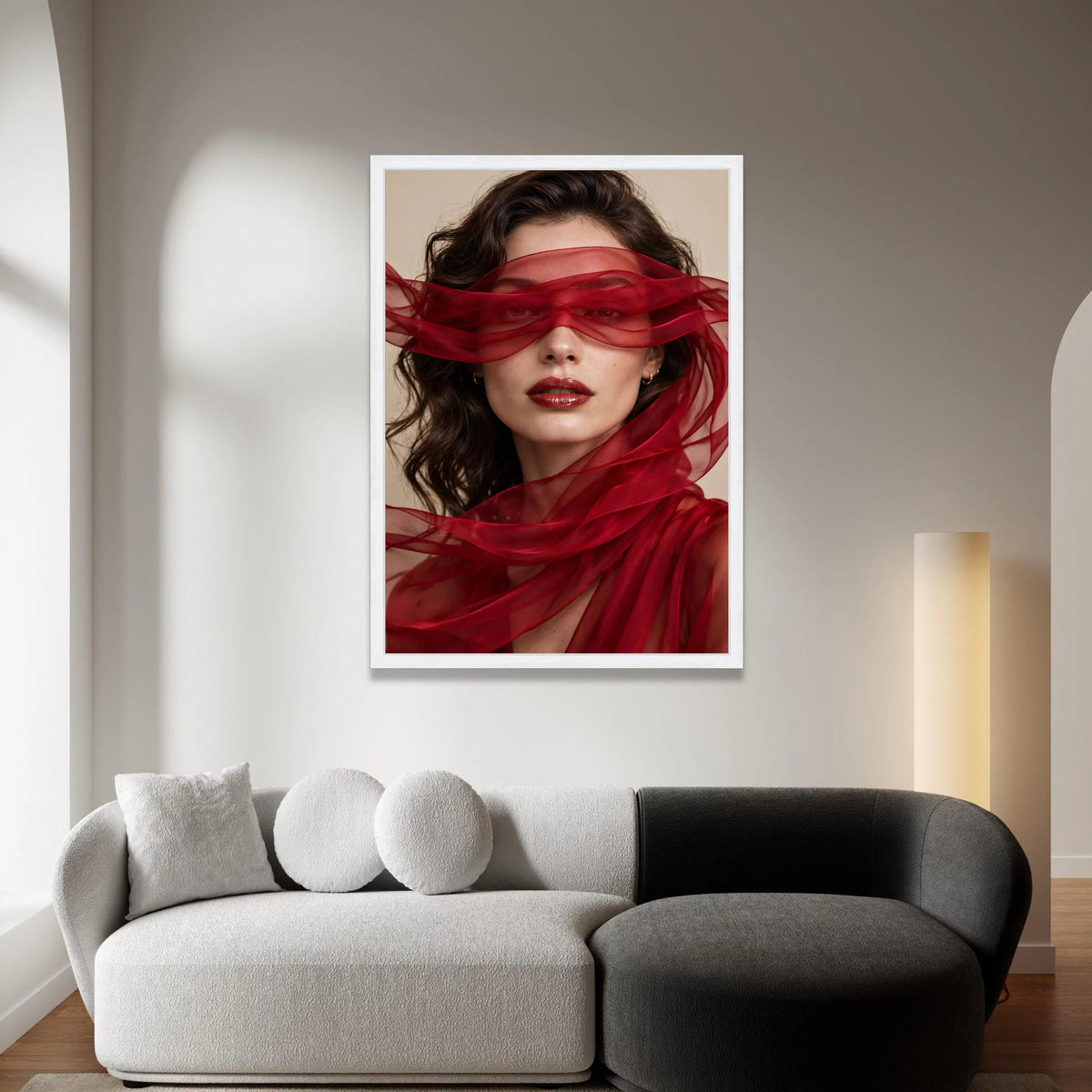 Elegant Woman Portrait with Red Sheer Scarf, Fashion Canvas Wall Art, Glamorous Beauty Print, Modern Home Decoration, Canvas Print Art