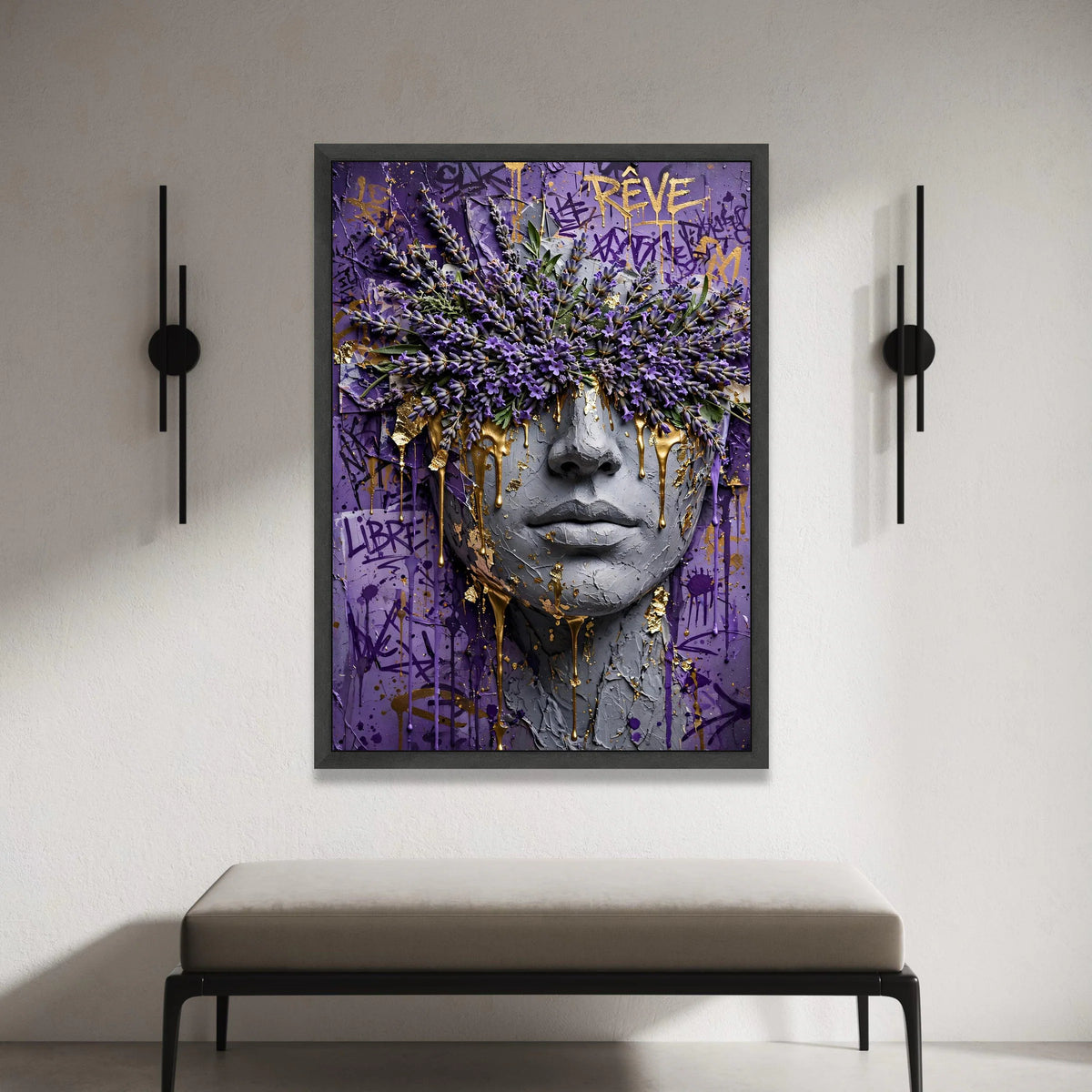 Abstract Face Art with Lavender Flowers and Gold Drips, Purple Graffiti Canvas, Modern Floral Wall Art, Contemporary Canvas Canvas Print Art