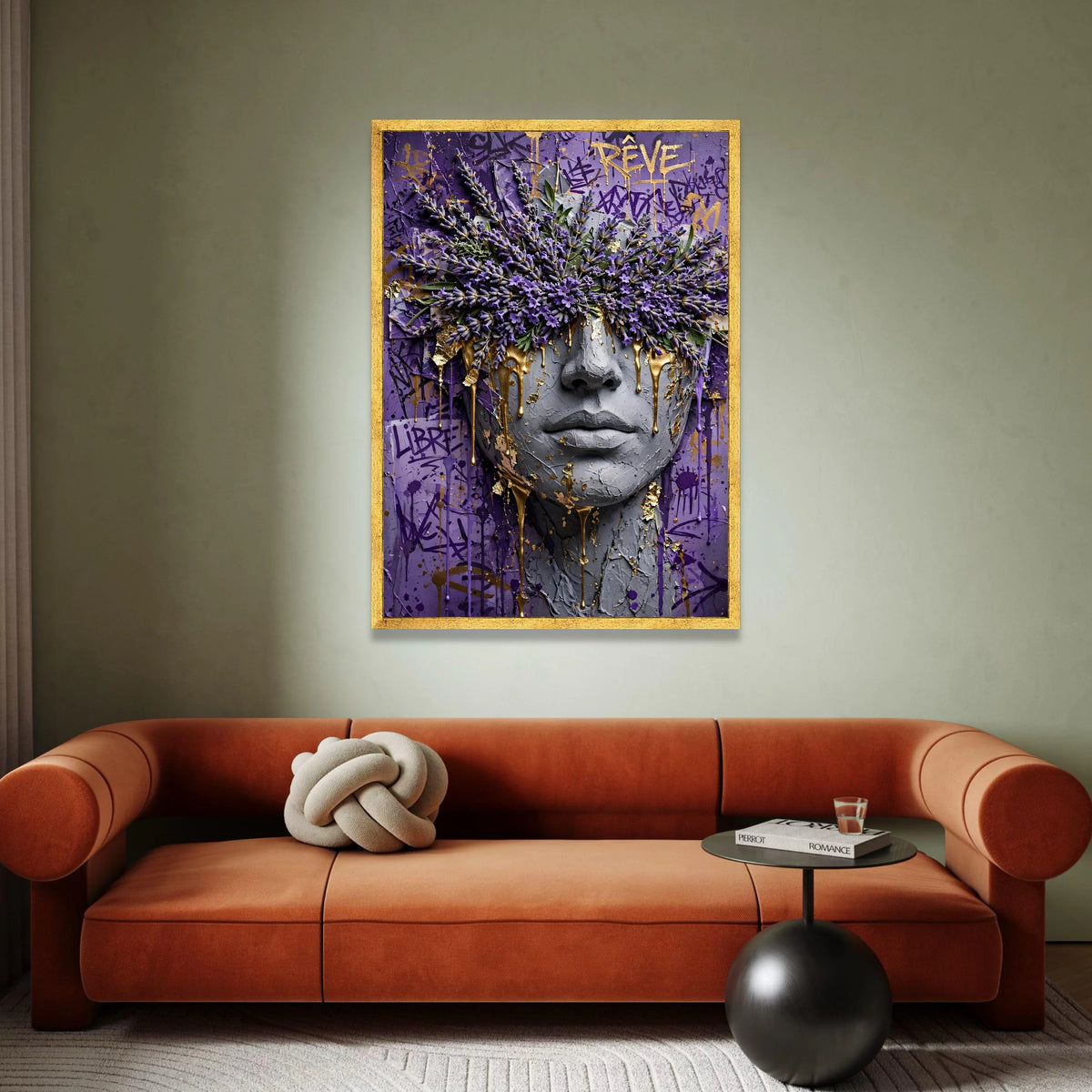Abstract Face Art with Lavender Flowers and Gold Drips, Purple Graffiti Canvas, Modern Floral Wall Art, Contemporary Canvas Canvas Print Art