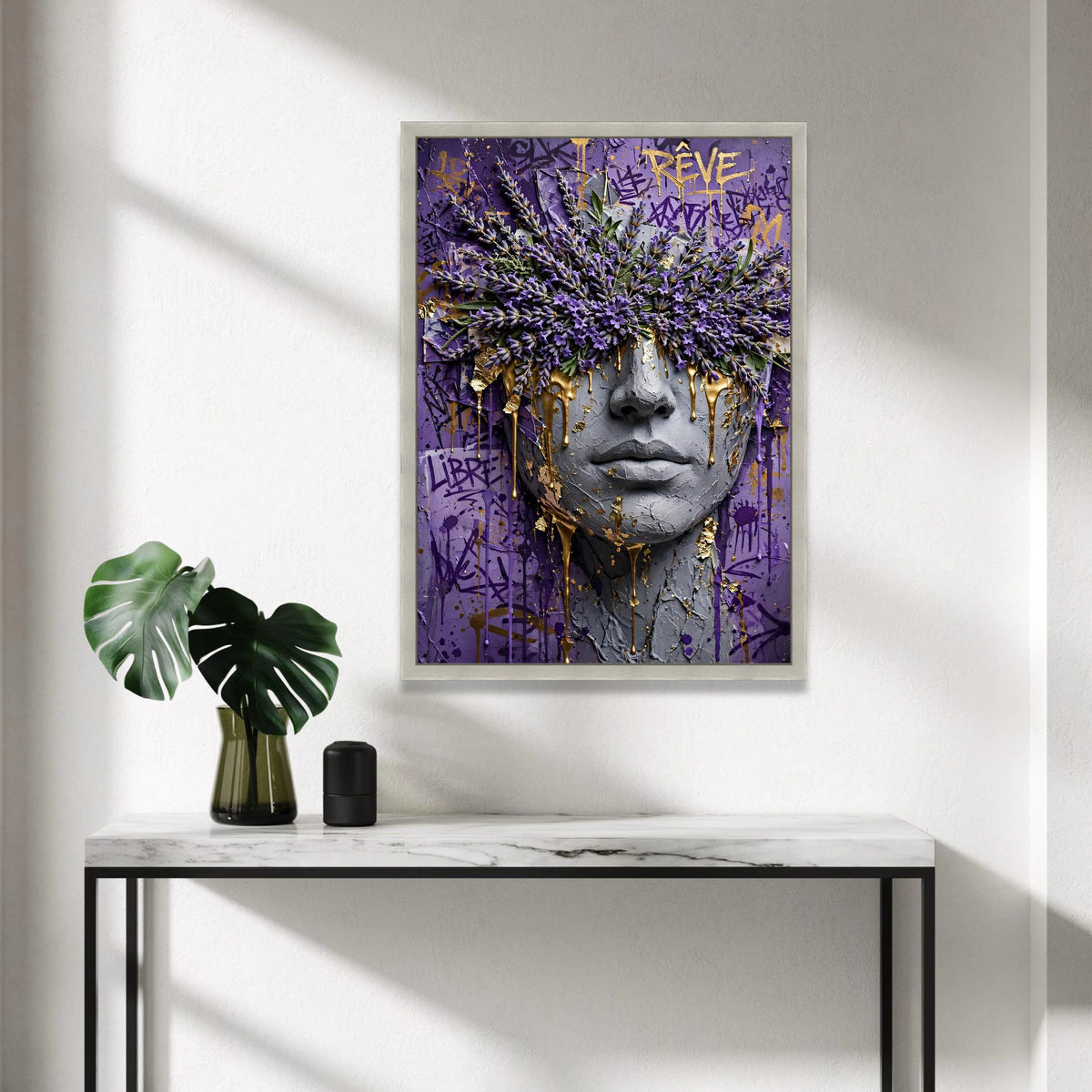 Abstract Face Art with Lavender Flowers and Gold Drips, Purple Graffiti Canvas, Modern Floral Wall Art, Contemporary Canvas Canvas Print Art