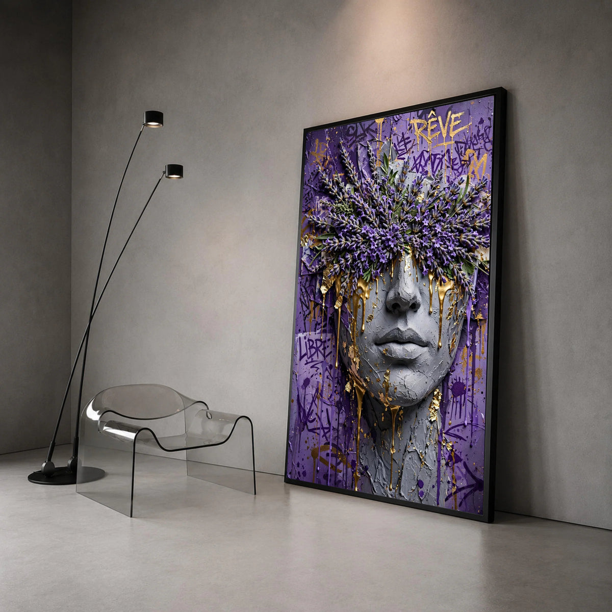 Abstract Face Art with Lavender Flowers and Gold Drips, Purple Graffiti Canvas, Modern Floral Wall Art, Contemporary Canvas Canvas Print Art