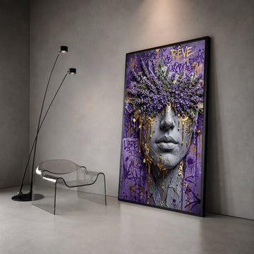 Abstract Face Art with Lavender Flowers and Gold Drips, Purple Graffiti Canvas, Modern Floral Wall Art, Contemporary Canvas Canvas Print Art