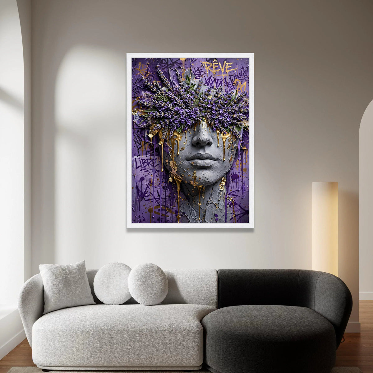 Abstract Face Art with Lavender Flowers and Gold Drips, Purple Graffiti Canvas, Modern Floral Wall Art, Contemporary Canvas Canvas Print Art