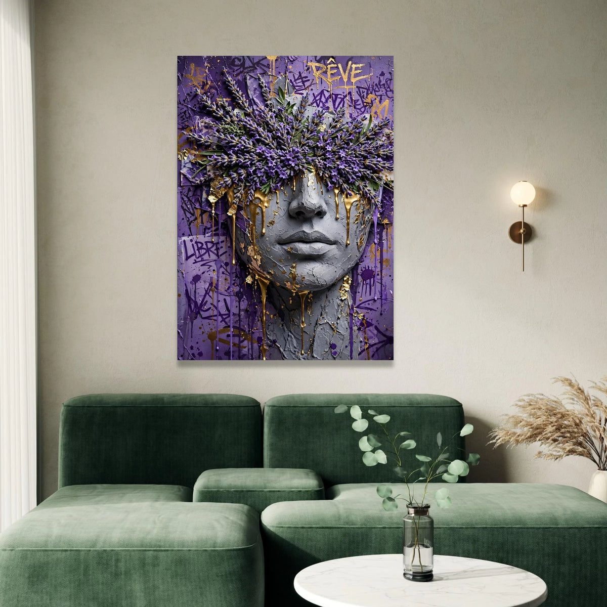 Abstract Face Art with Lavender Flowers and Gold Drips, Purple Graffiti Canvas, Modern Floral Wall Art, Contemporary Canvas Canvas Print Art