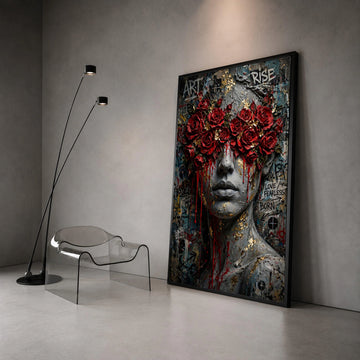 Bold Red Roses Mask Canvas Wall Art, Abstract Female Portrait, Urban Graffiti Style, Modern Wall Decoration, Statement Canvas Print Art