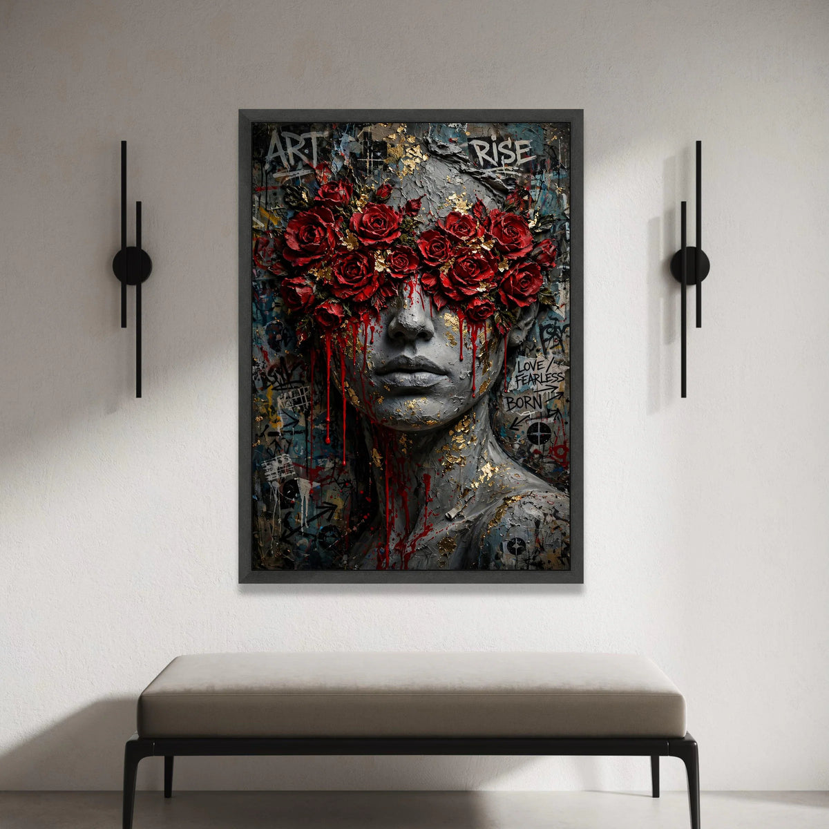 Bold Red Roses Mask Canvas Wall Art, Abstract Female Portrait, Urban Graffiti Style, Modern Wall Decoration, Statement Canvas Print Art