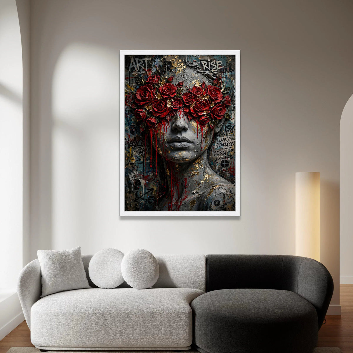 Bold Red Roses Mask Canvas Wall Art, Abstract Female Portrait, Urban Graffiti Style, Modern Wall Decoration, Statement Canvas Print Art