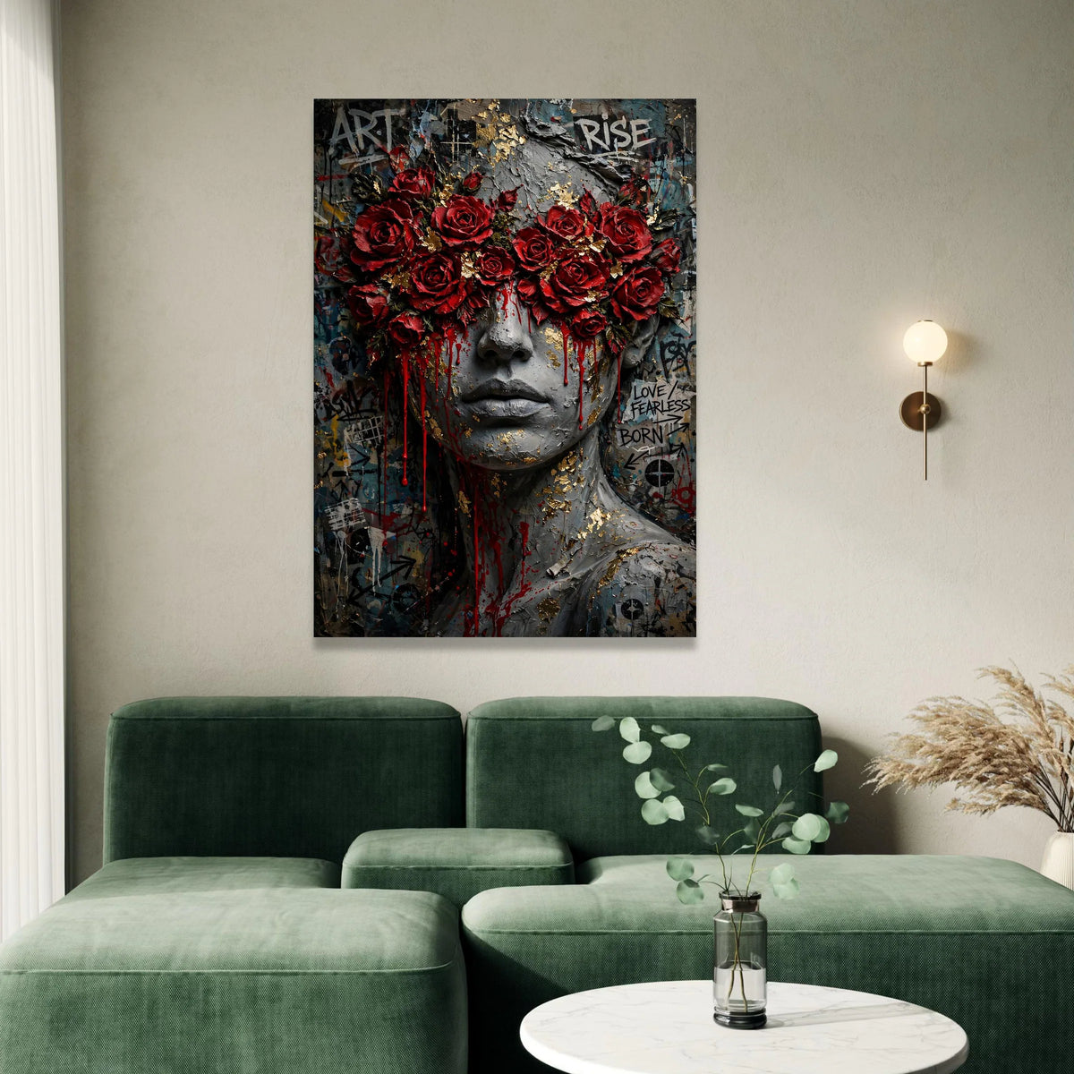 Bold Red Roses Mask Canvas Wall Art, Abstract Female Portrait, Urban Graffiti Style, Modern Wall Decoration, Statement Canvas Print Art