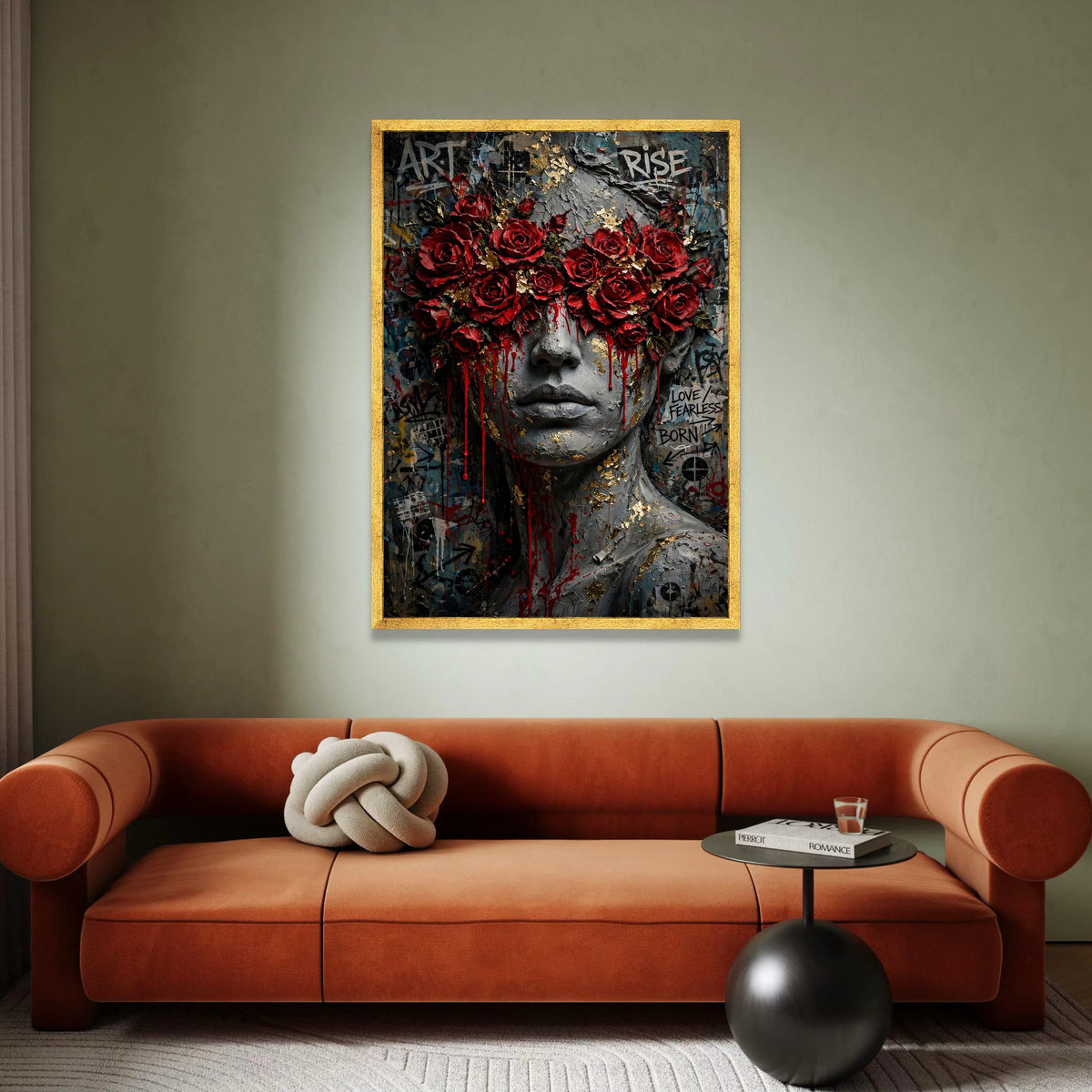 Bold Red Roses Mask Canvas Wall Art, Abstract Female Portrait, Urban Graffiti Style, Modern Wall Decoration, Statement Canvas Print Art