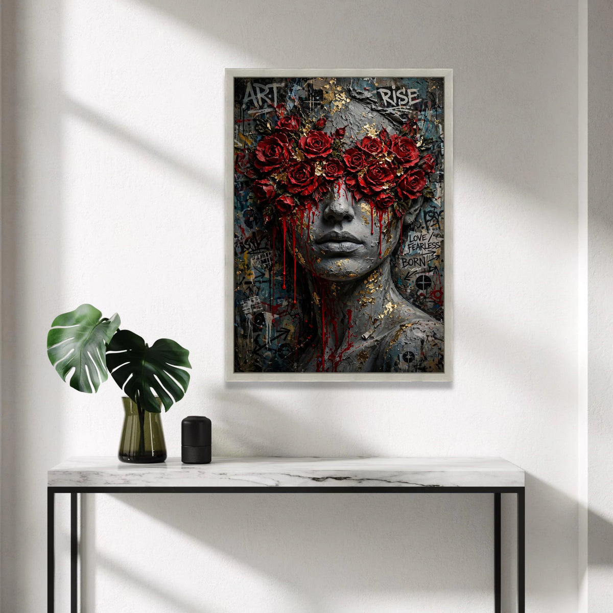 Bold Red Roses Mask Canvas Wall Art, Abstract Female Portrait, Urban Graffiti Style, Modern Wall Decoration, Statement Canvas Print Art