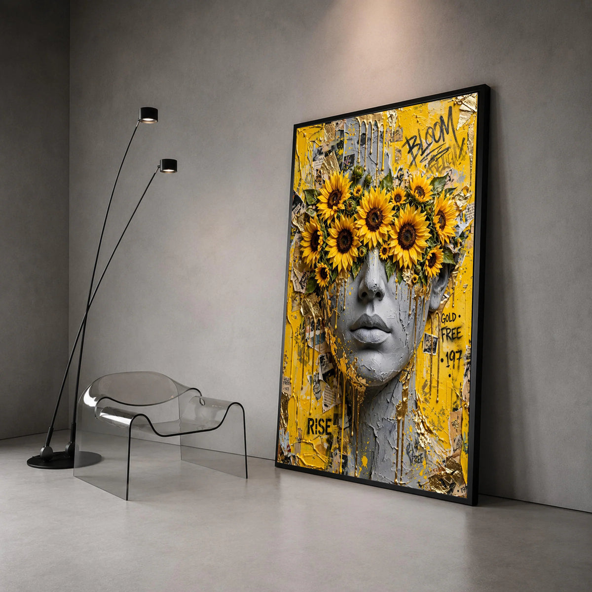 Abstract Portrait Canvas Wall Art, Sunflower Eye Mask, Yellow and Gray Modern Face Art, Urban Flower Artwork, Contemporary Canvas Print Art