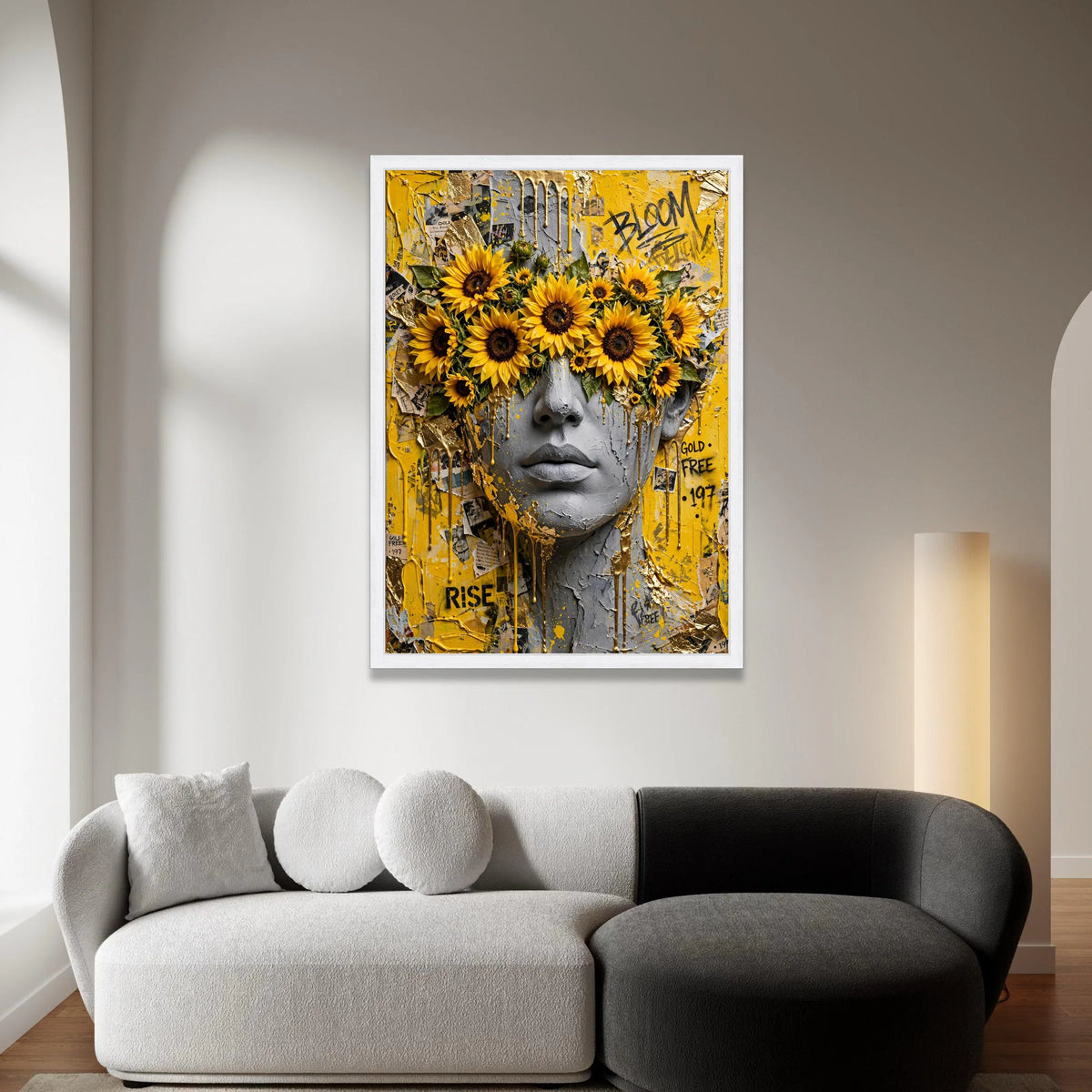 Abstract Portrait Canvas Wall Art, Sunflower Eye Mask, Yellow and Gray Modern Face Art, Urban Flower Artwork, Contemporary Canvas Print Art