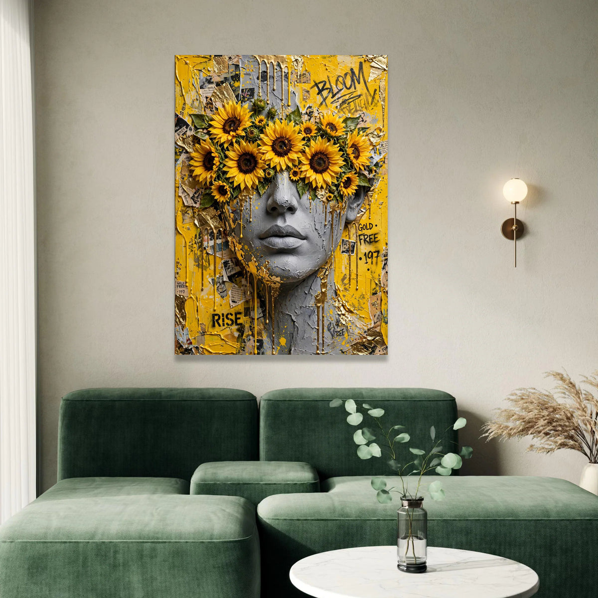 Abstract Portrait Canvas Wall Art, Sunflower Eye Mask, Yellow and Gray Modern Face Art, Urban Flower Artwork, Contemporary Canvas Print Art