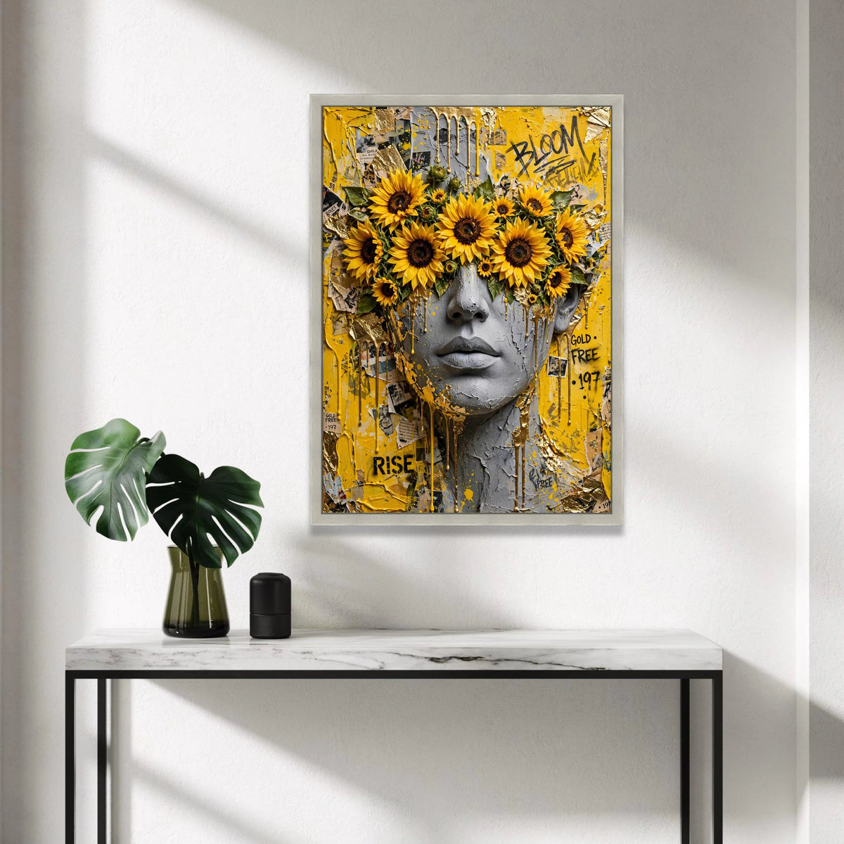 Abstract Portrait Canvas Wall Art, Sunflower Eye Mask, Yellow and Gray Modern Face Art, Urban Flower Artwork, Contemporary Canvas Print Art
