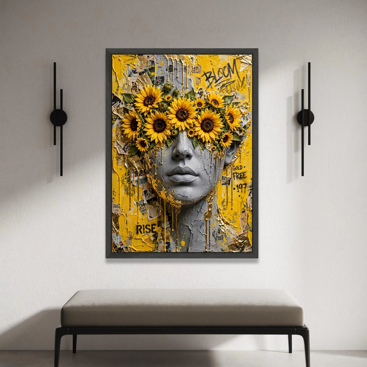 Abstract Portrait Canvas Wall Art, Sunflower Eye Mask, Yellow and Gray Modern Face Art, Urban Flower Artwork, Contemporary Canvas Print Art