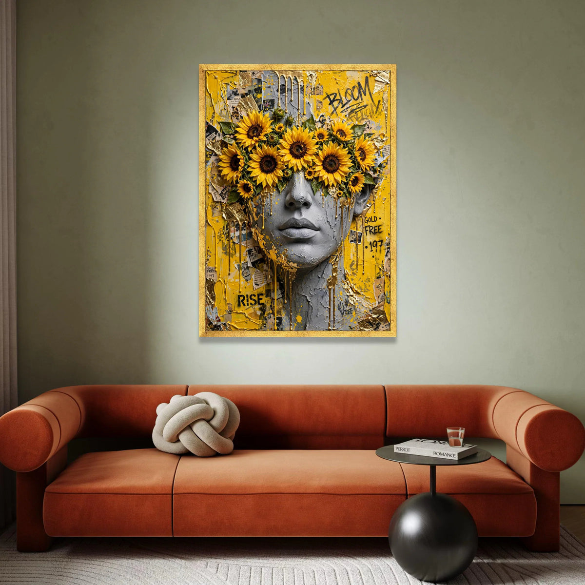 Abstract Portrait Canvas Wall Art, Sunflower Eye Mask, Yellow and Gray Modern Face Art, Urban Flower Artwork, Contemporary Canvas Print Art