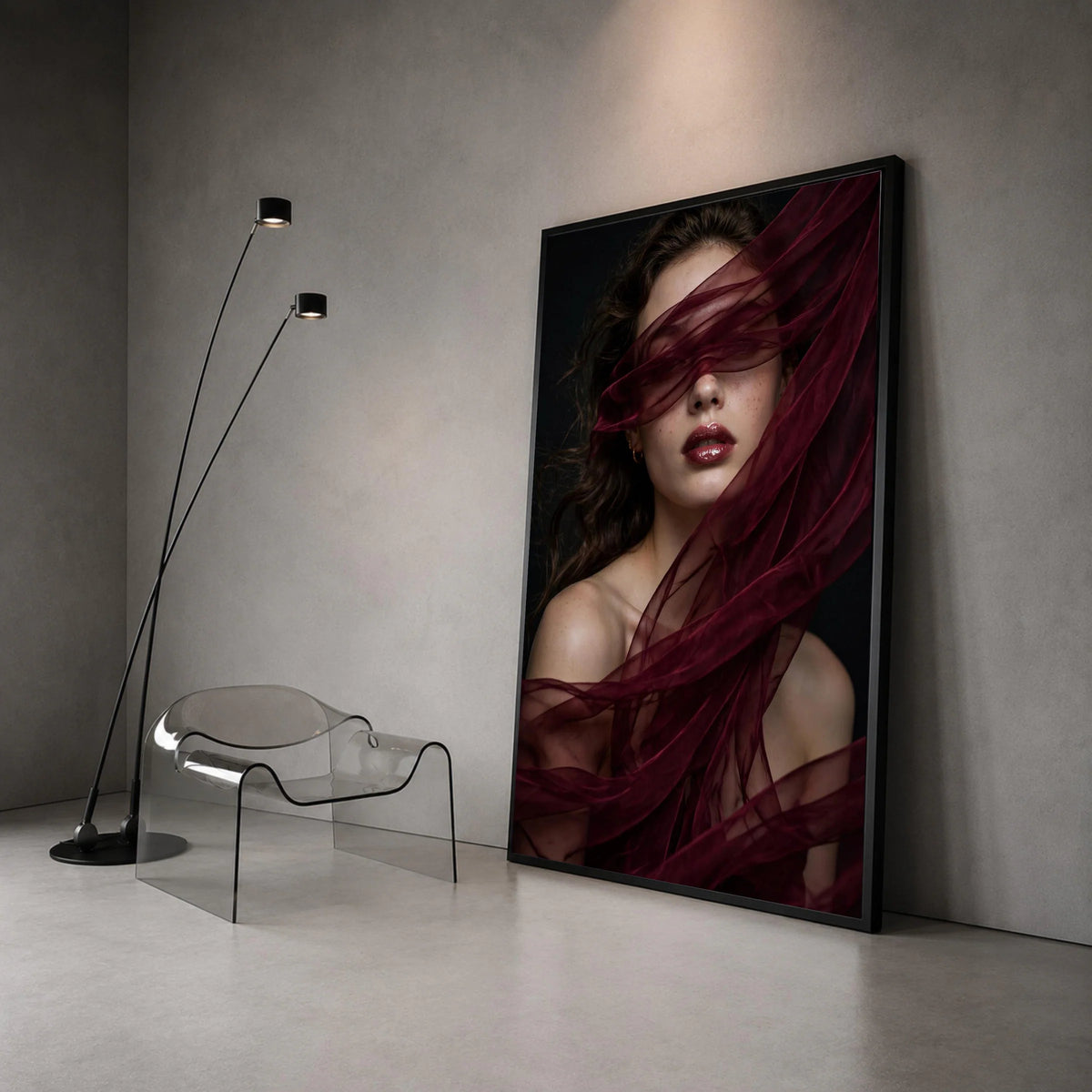 Elegant Woman Portrait with Burgundy Veil, Glamorous Face Canvas Wall Art, Moody Beauty Photo Print, Modern Home Decoration Canvas Print Art