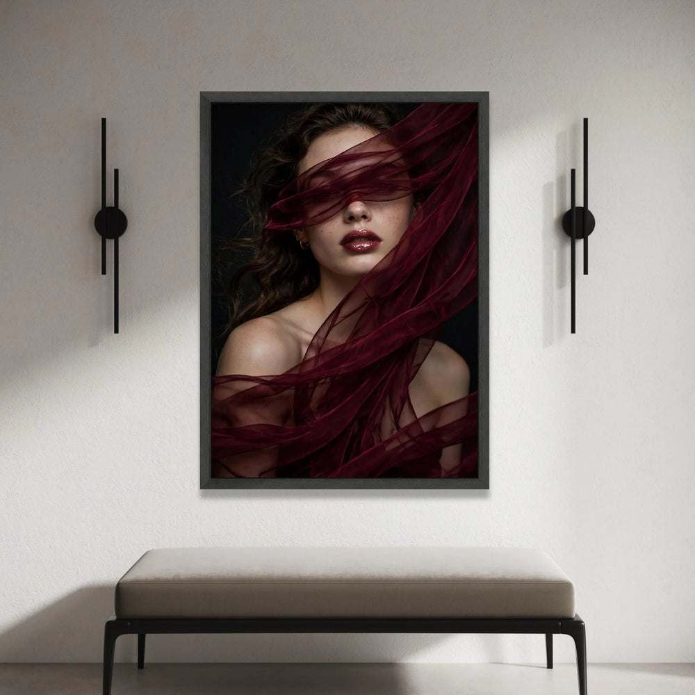 Elegant Woman Portrait with Burgundy Veil, Glamorous Face Canvas Wall Art, Moody Beauty Photo Print, Modern Home Decoration Canvas Print Art