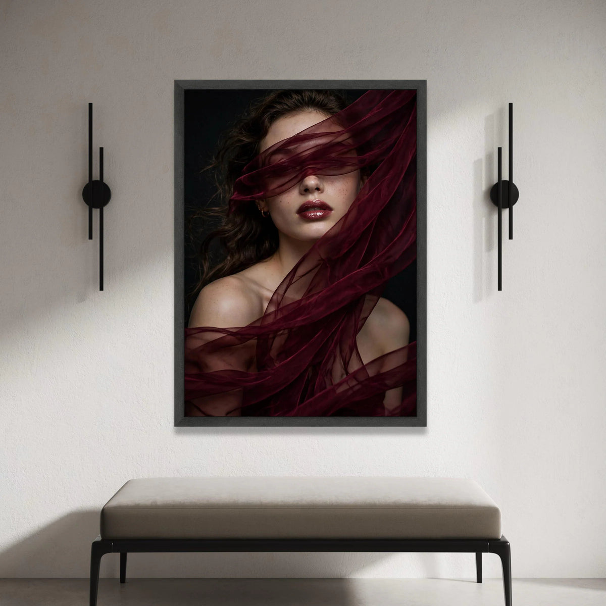 Elegant Woman Portrait with Burgundy Veil, Glamorous Face Canvas Wall Art, Moody Beauty Photo Print, Modern Home Decoration Canvas Print Art