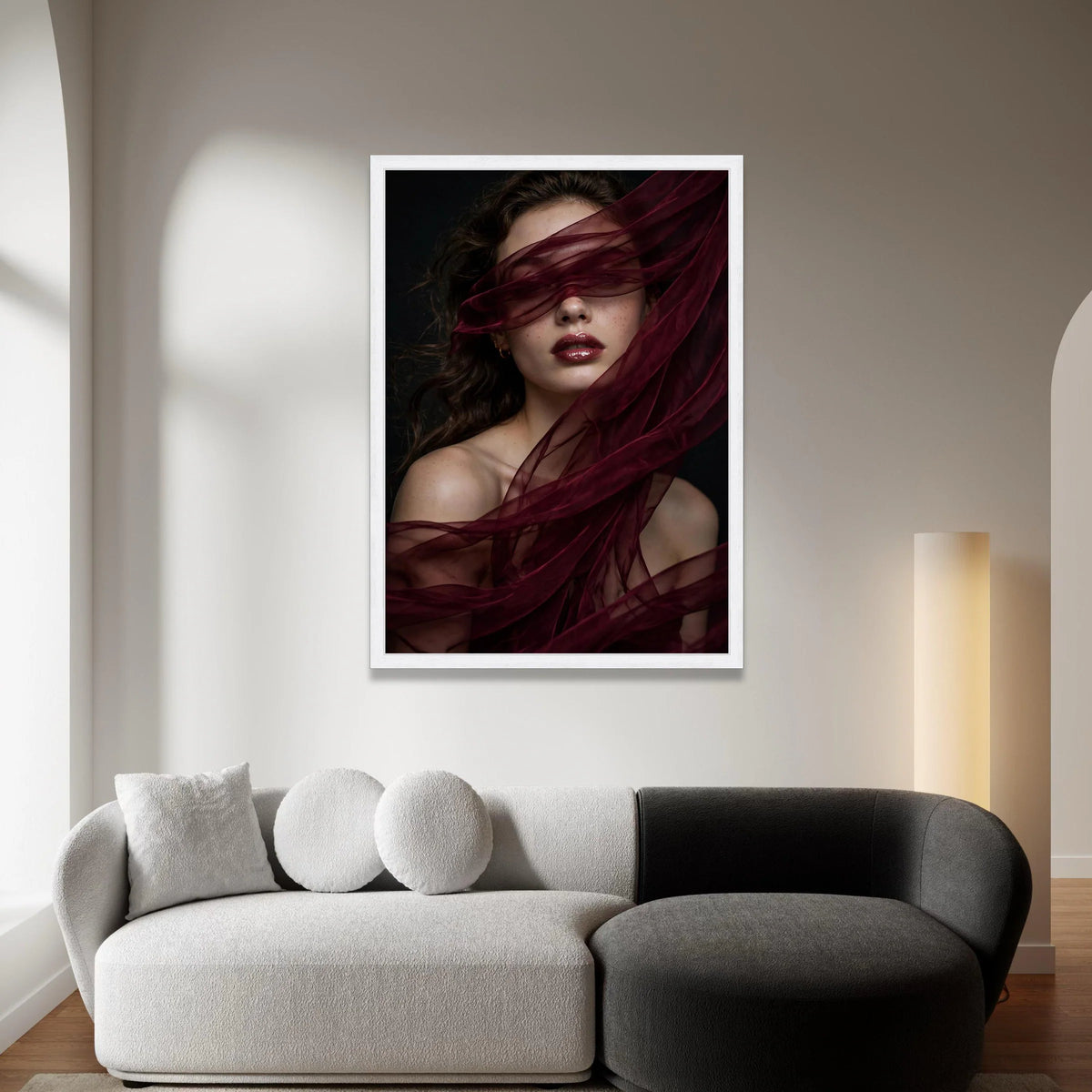 Elegant Woman Portrait with Burgundy Veil, Glamorous Face Canvas Wall Art, Moody Beauty Photo Print, Modern Home Decoration Canvas Print Art