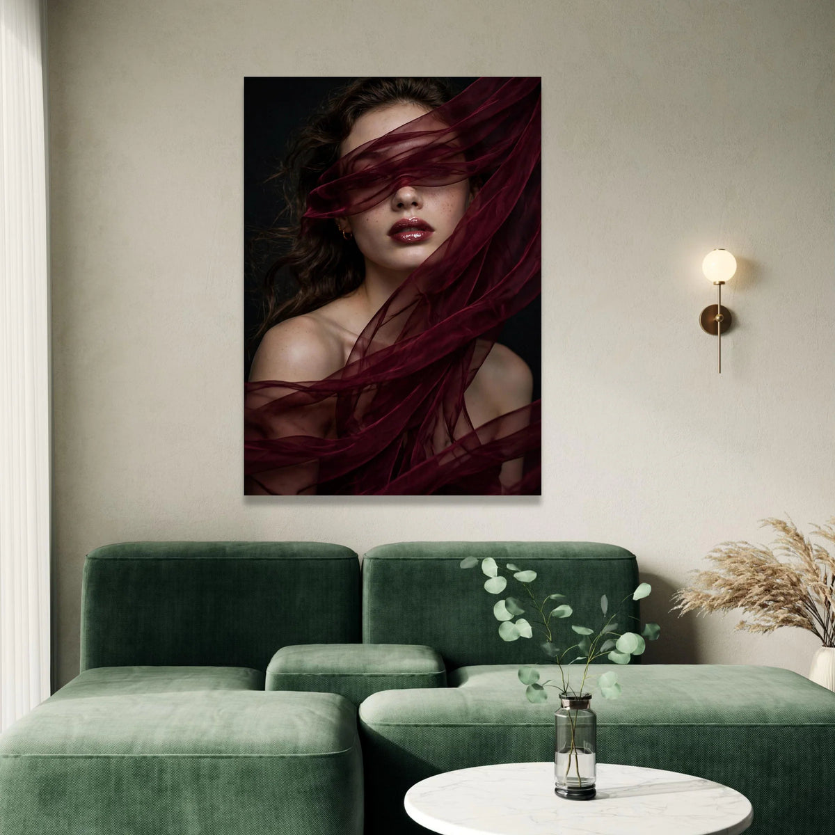 Elegant Woman Portrait with Burgundy Veil, Glamorous Face Canvas Wall Art, Moody Beauty Photo Print, Modern Home Decoration Canvas Print Art