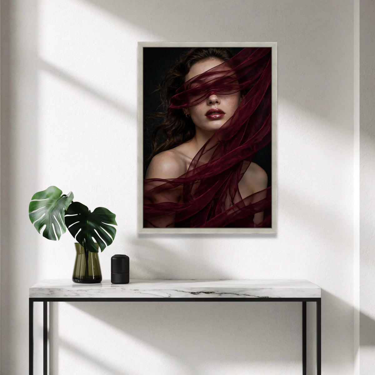 Elegant Woman Portrait with Burgundy Veil, Glamorous Face Canvas Wall Art, Moody Beauty Photo Print, Modern Home Decoration Canvas Print Art