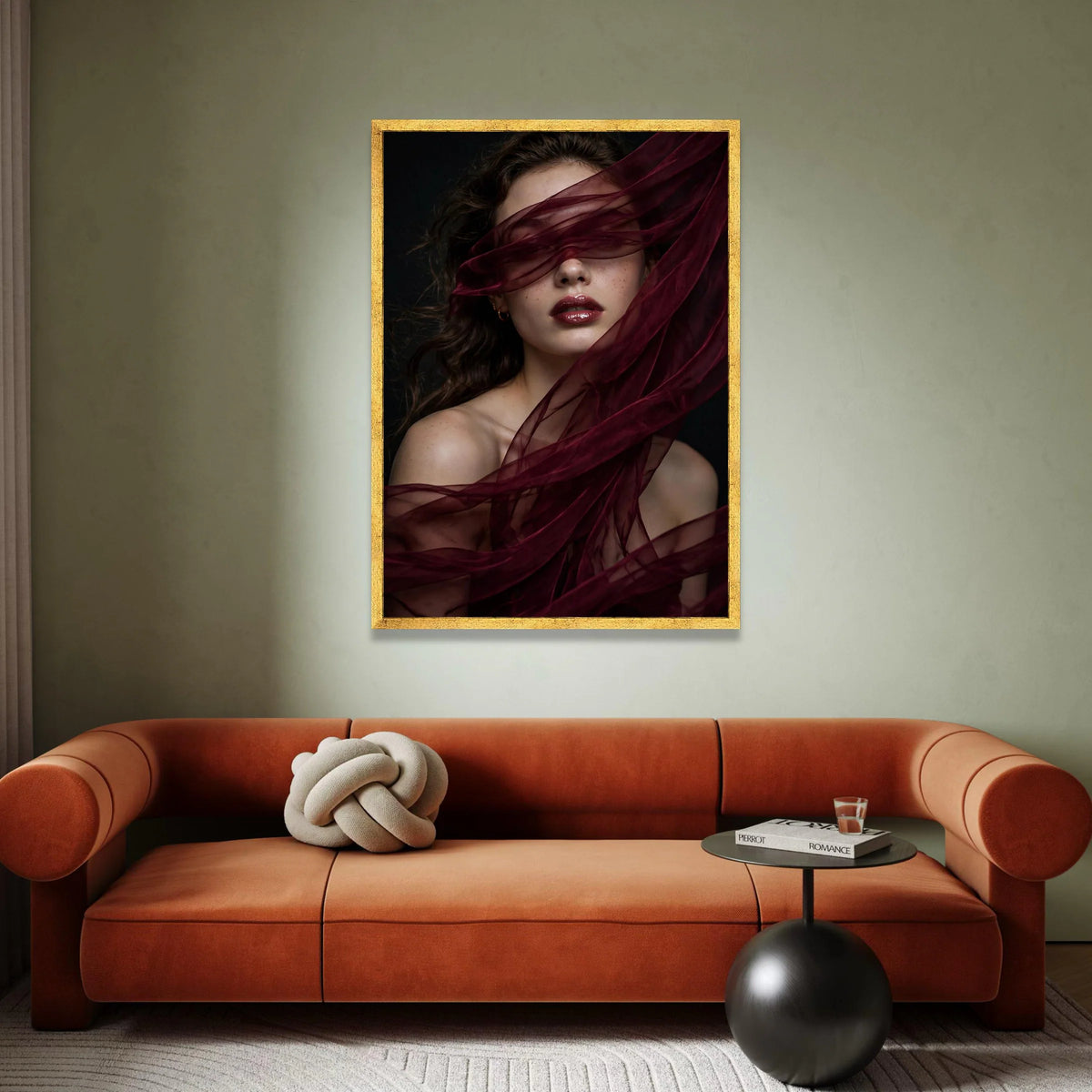 Elegant Woman Portrait with Burgundy Veil, Glamorous Face Canvas Wall Art, Moody Beauty Photo Print, Modern Home Decoration Canvas Print Art