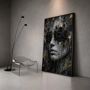 Dark Elegance Canvas Wall Art, Black Roses Face Portrait, Abstract Graffiti Style, Modern Home Decor, Gothic Floral Canvas Canvas Print Art