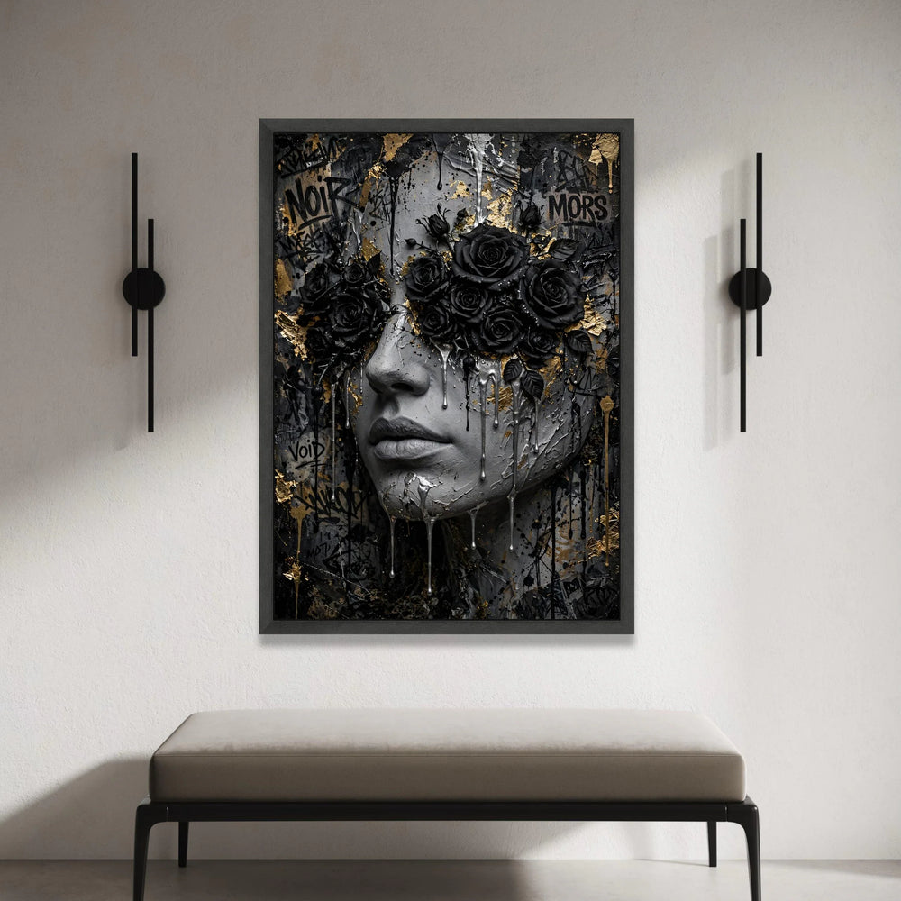 Dark Elegance Canvas Wall Art, Black Roses Face Portrait, Abstract Graffiti Style, Modern Home Decor, Gothic Floral Canvas Canvas Print Art
