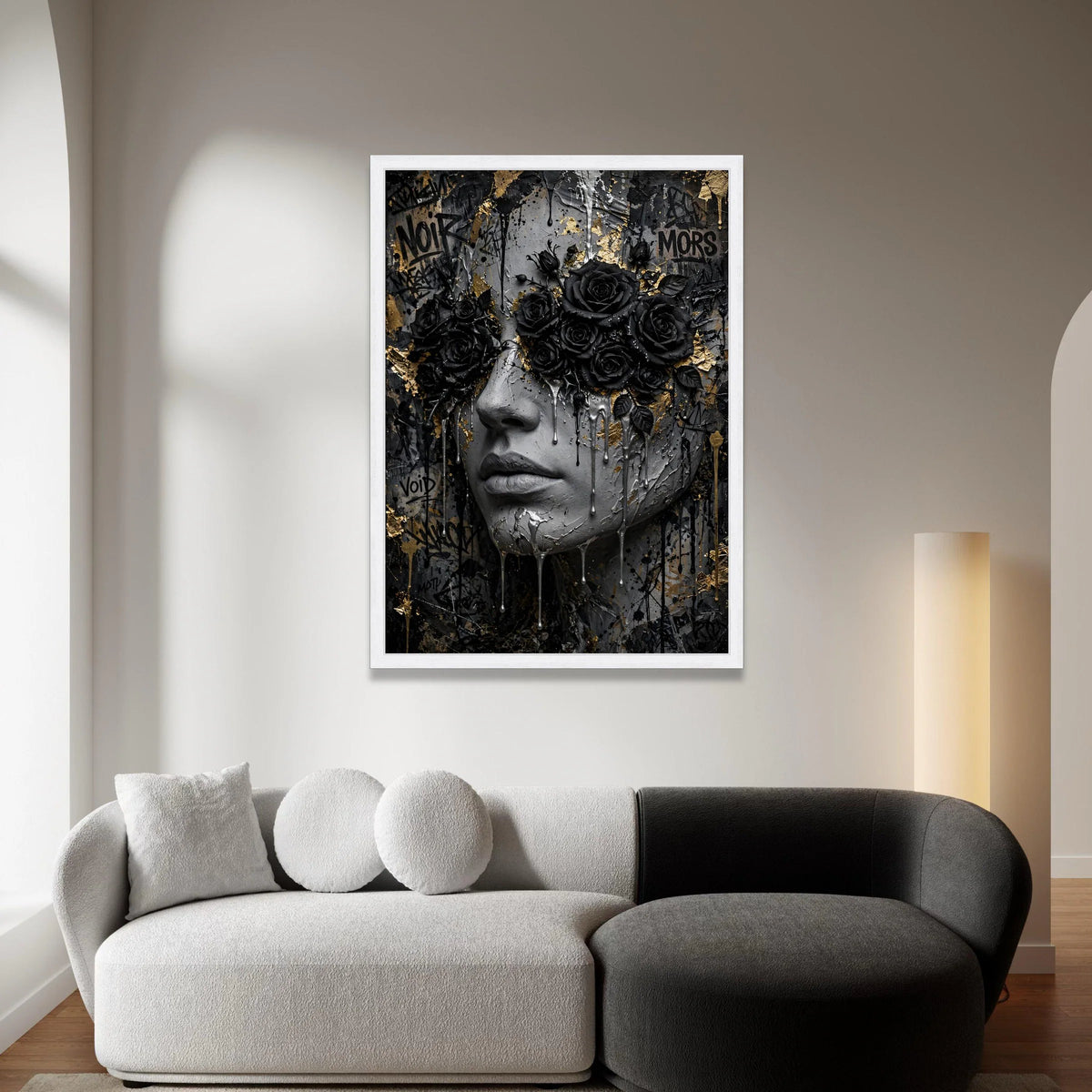 Dark Elegance Canvas Wall Art, Black Roses Face Portrait, Abstract Graffiti Style, Modern Home Decor, Gothic Floral Canvas Canvas Print Art