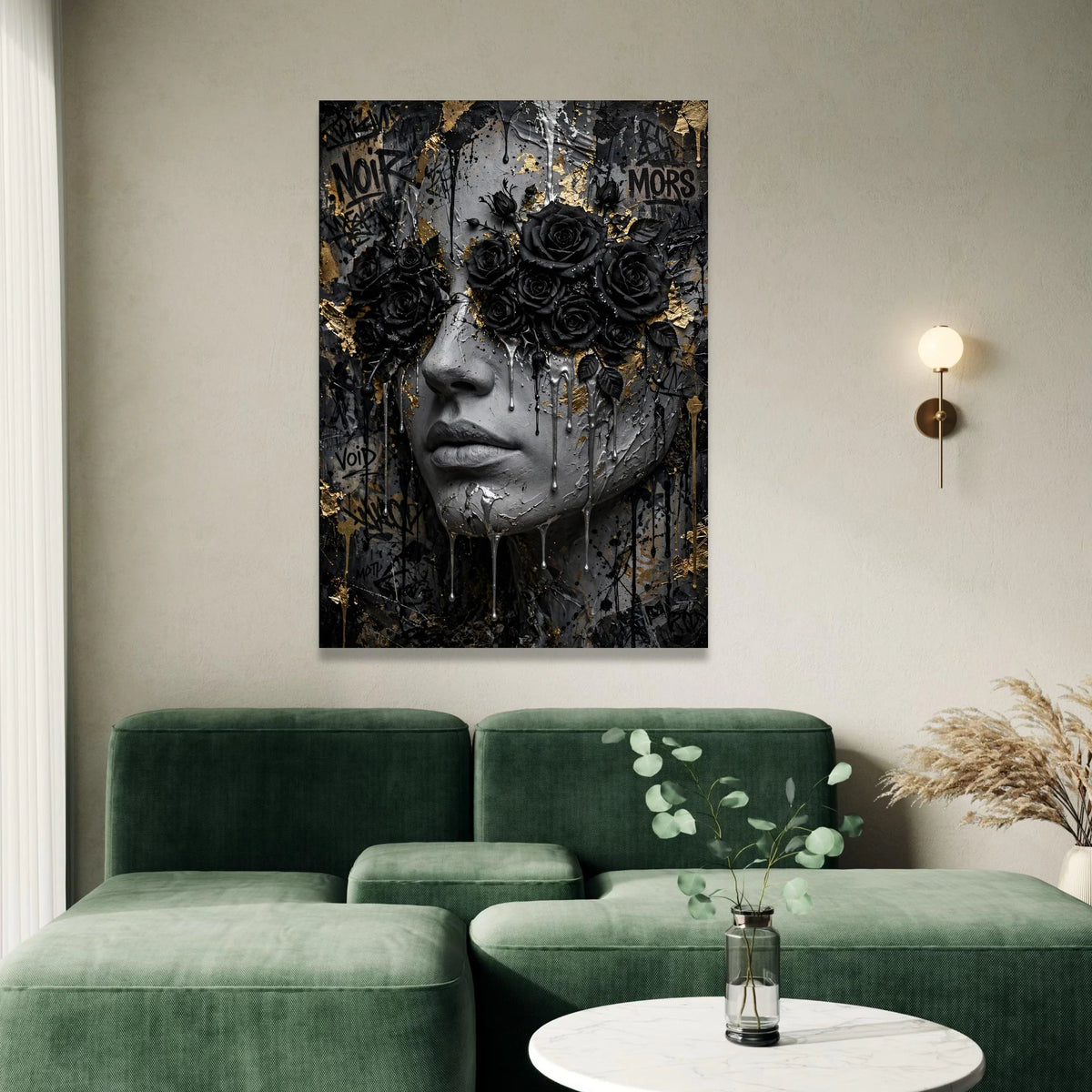Dark Elegance Canvas Wall Art, Black Roses Face Portrait, Abstract Graffiti Style, Modern Home Decor, Gothic Floral Canvas Canvas Print Art