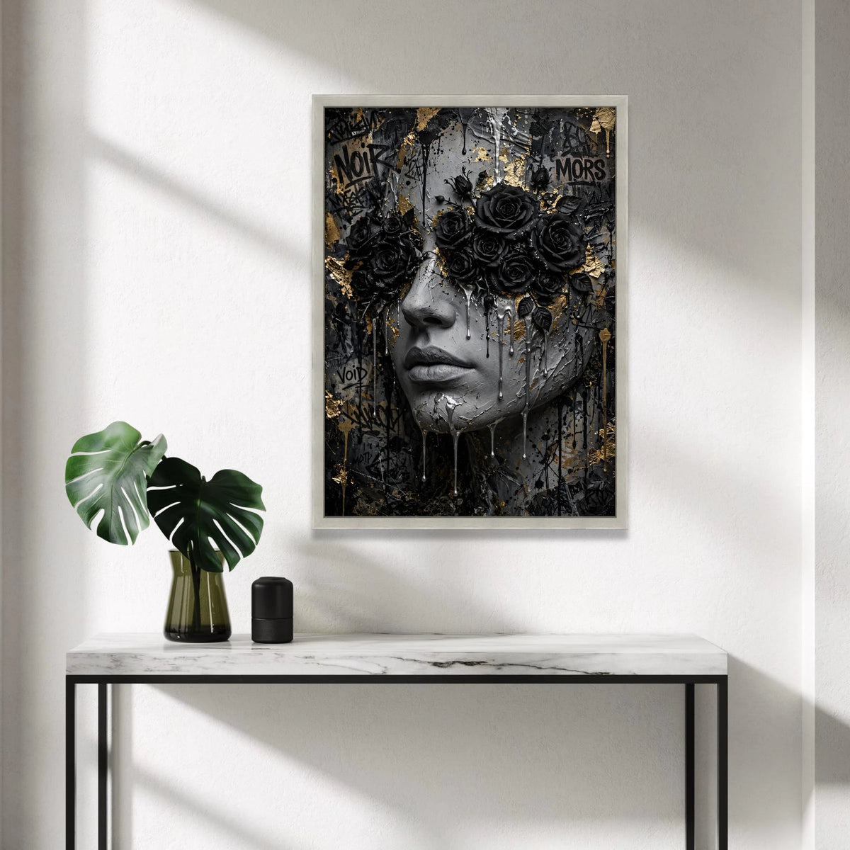 Dark Elegance Canvas Wall Art, Black Roses Face Portrait, Abstract Graffiti Style, Modern Home Decor, Gothic Floral Canvas Canvas Print Art
