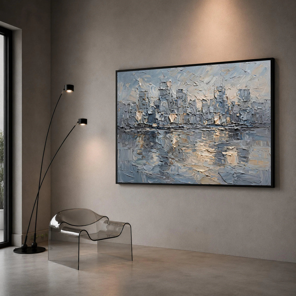Abstract Cityscape Skyline Canvas, Urban Landscape Wall Art, Modern Blue and Gray Home Decoration, Ready to Hang Canvas Art Canvas Print Art