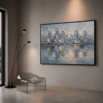 Abstract Cityscape Skyline Canvas, Urban Landscape Wall Art, Modern Blue and Gray Home Decoration, Ready to Hang Canvas Art Canvas Print Art