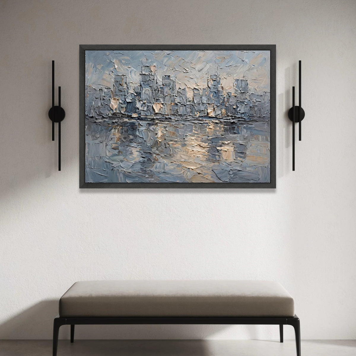Abstract Cityscape Skyline Canvas, Urban Landscape Wall Art, Modern Blue and Gray Home Decoration, Ready to Hang Canvas Art Canvas Print Art