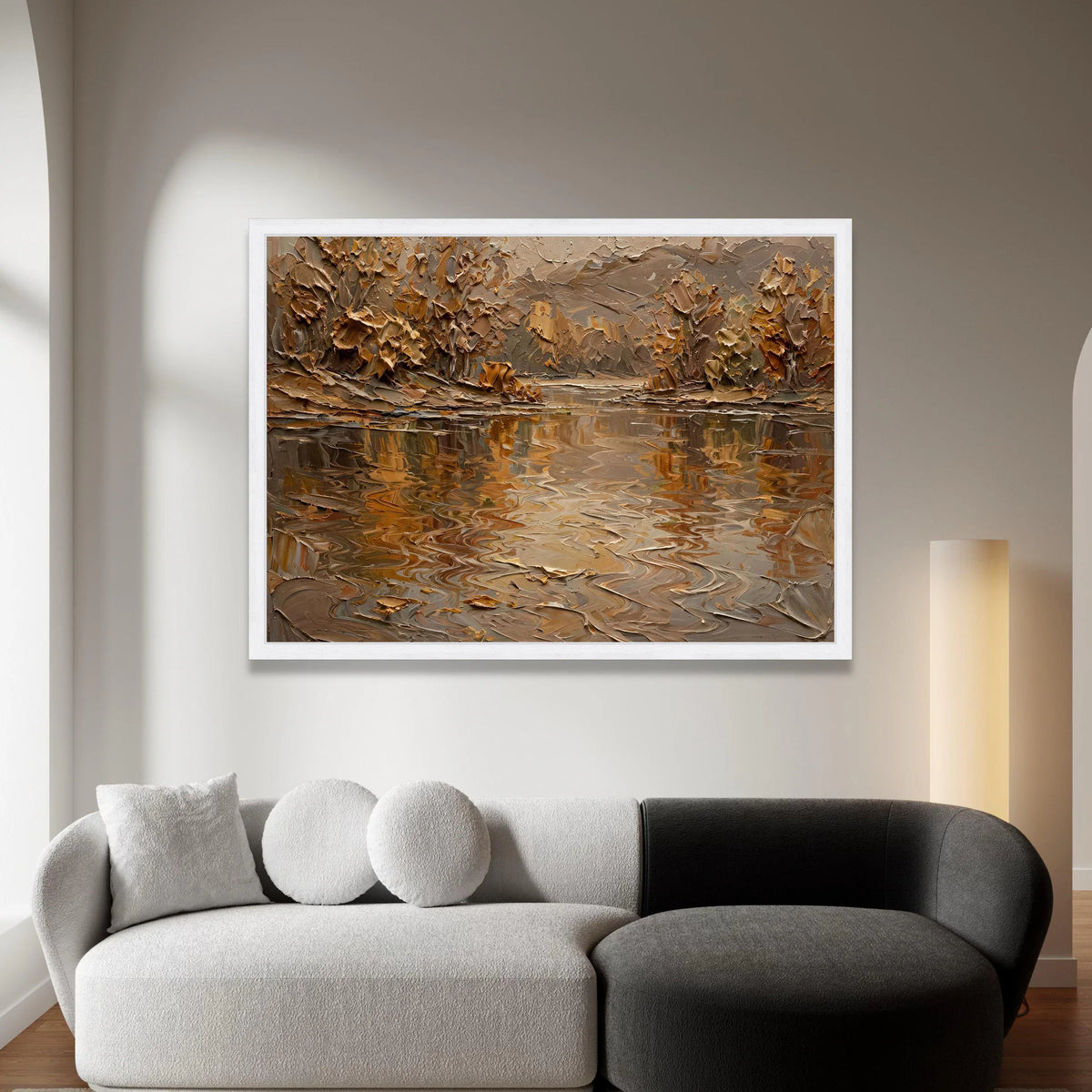 Autumn River Reflection Canvas Wall Art, Earth Tone Landscape Painting, Rustic Nature Scene, Warm Fall Home Decor, Ready to Canvas Print Art