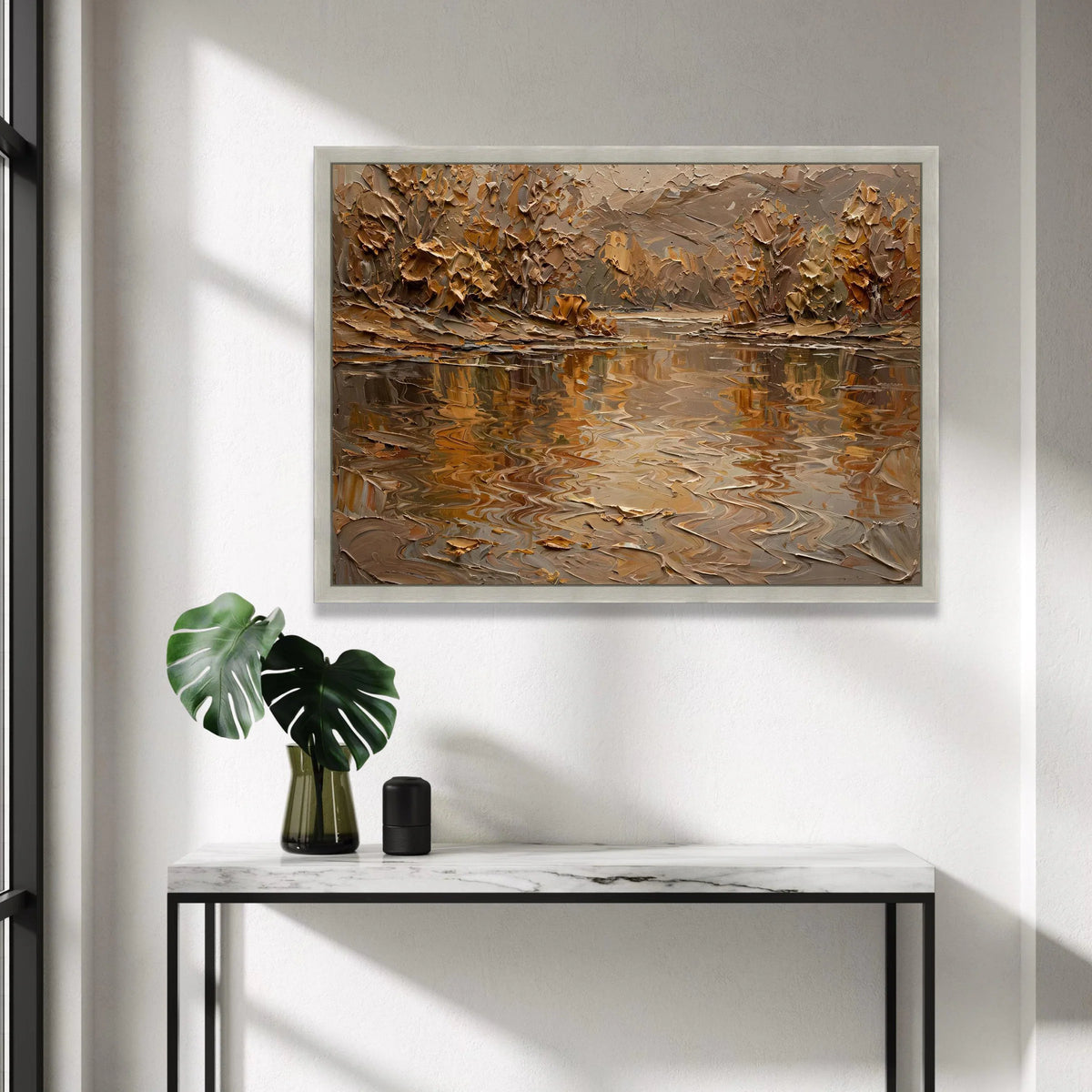 Autumn River Reflection Canvas Wall Art, Earth Tone Landscape Painting, Rustic Nature Scene, Warm Fall Home Decor, Ready to Canvas Print Art