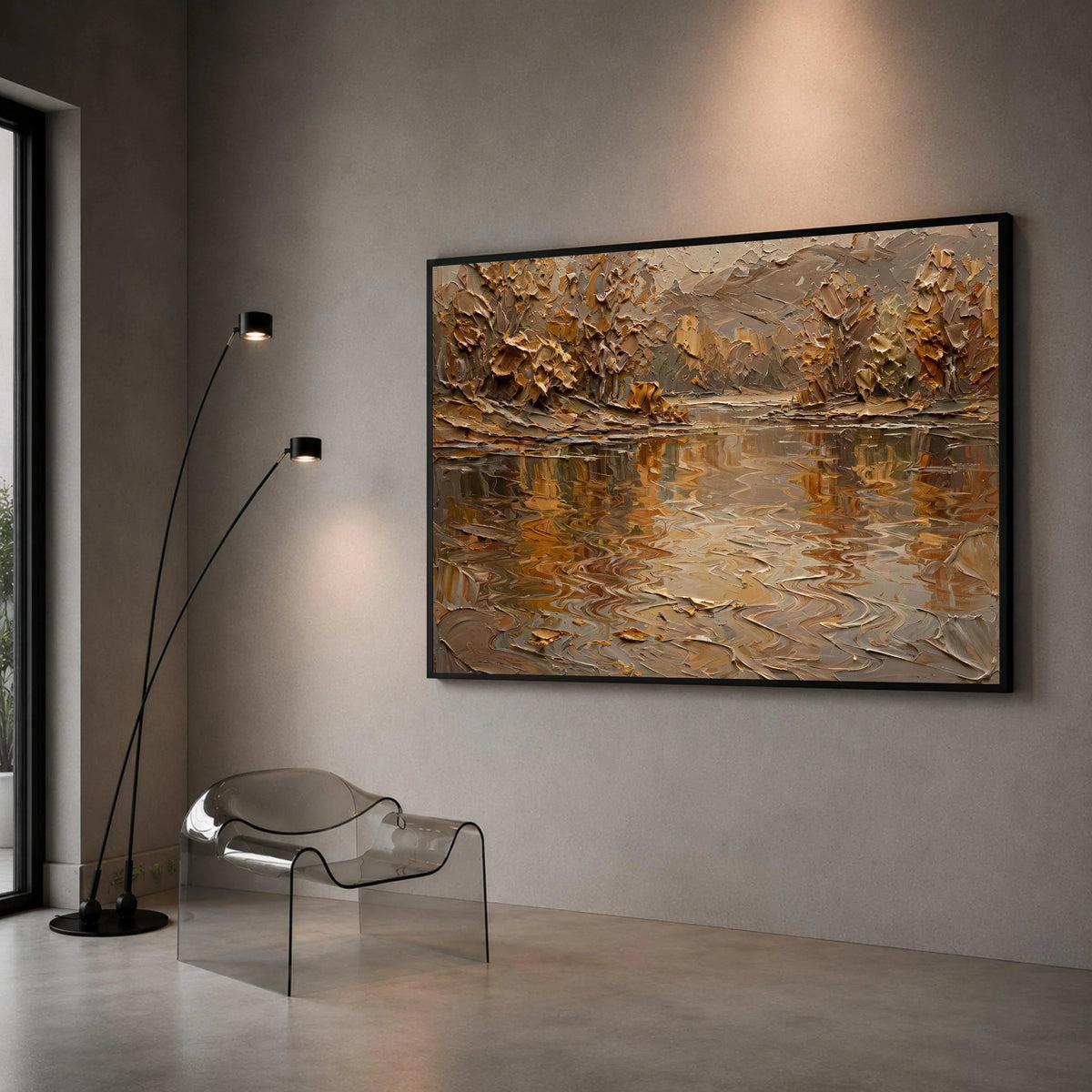 Autumn River Reflection Canvas Wall Art, Earth Tone Landscape Painting, Rustic Nature Scene, Warm Fall Home Decor, Ready to Canvas Print Art