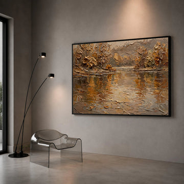 Autumn River Reflection Canvas Wall Art, Earth Tone Landscape Painting, Rustic Nature Scene, Warm Fall Home Decor, Ready to Canvas Print Art