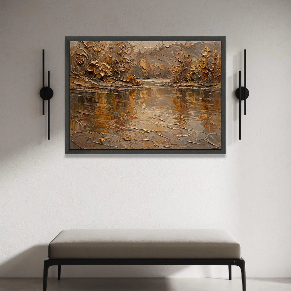 Autumn River Reflection Canvas Wall Art, Earth Tone Landscape Painting, Rustic Nature Scene, Warm Fall Home Decor, Ready to Canvas Print Art