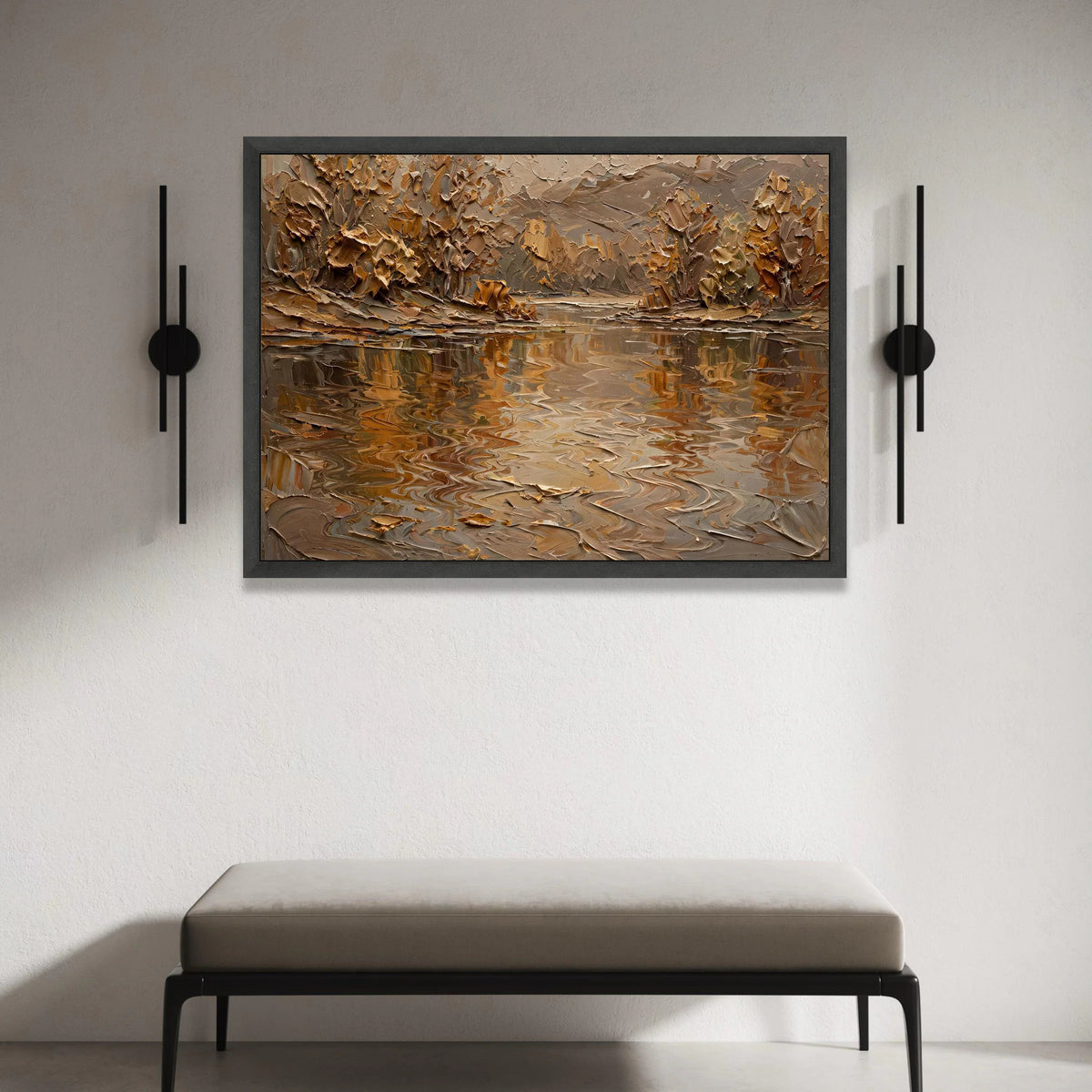 Autumn River Reflection Canvas Wall Art, Earth Tone Landscape Painting, Rustic Nature Scene, Warm Fall Home Decor, Ready to Canvas Print Art