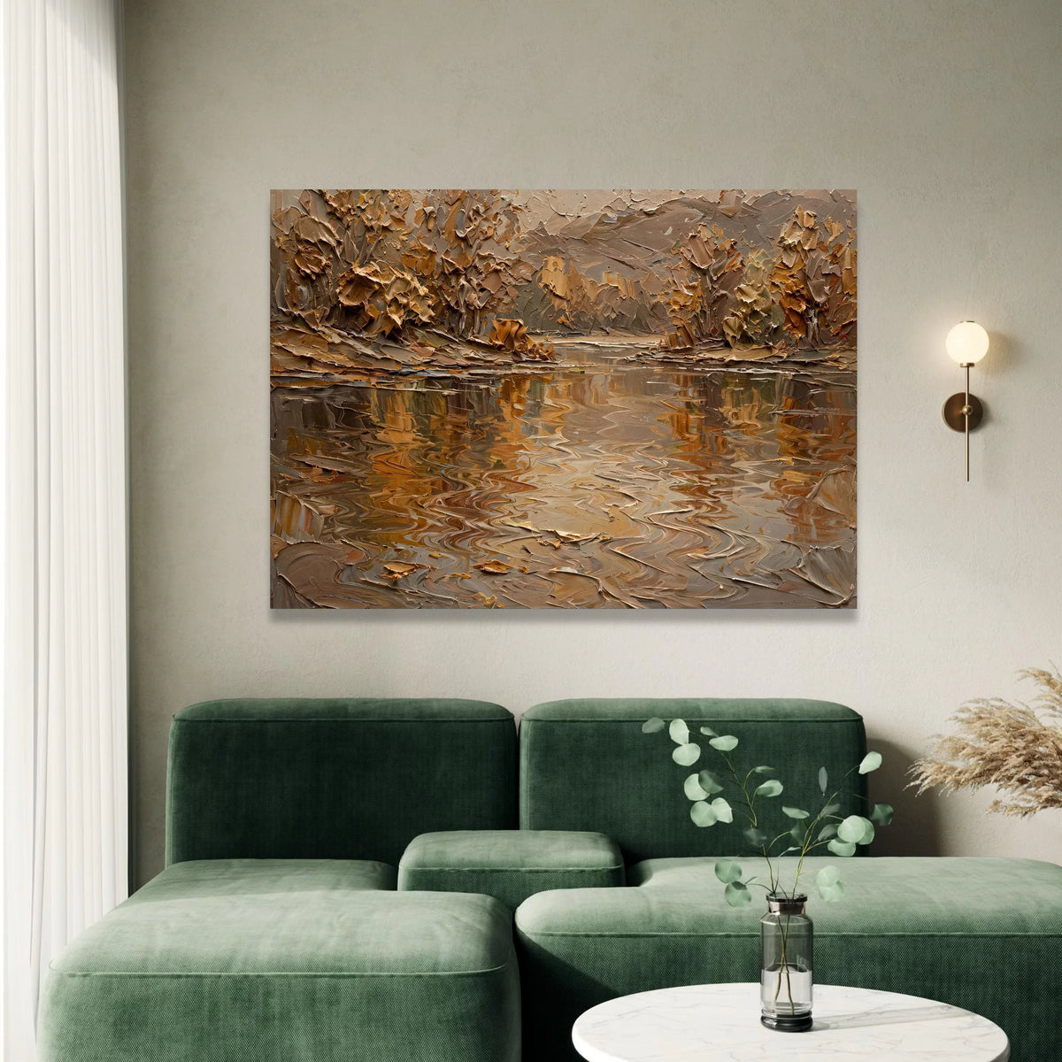 Autumn River Reflection Canvas Wall Art, Earth Tone Landscape Painting, Rustic Nature Scene, Warm Fall Home Decor, Ready to Canvas Print Art