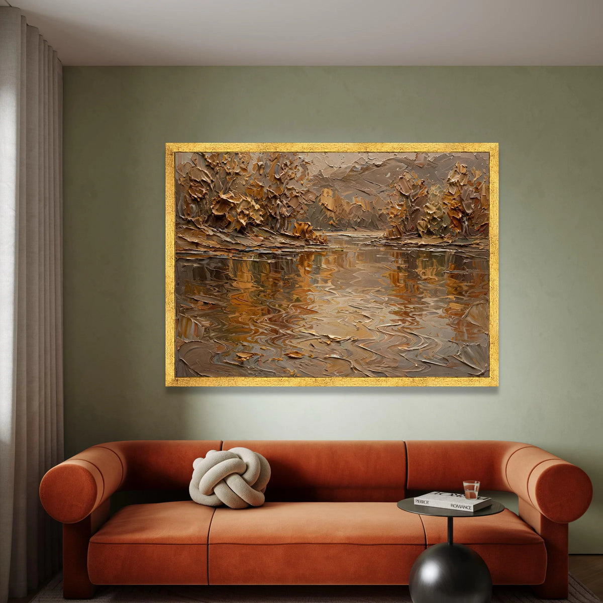 Autumn River Reflection Canvas Wall Art, Earth Tone Landscape Painting, Rustic Nature Scene, Warm Fall Home Decor, Ready to Canvas Print Art